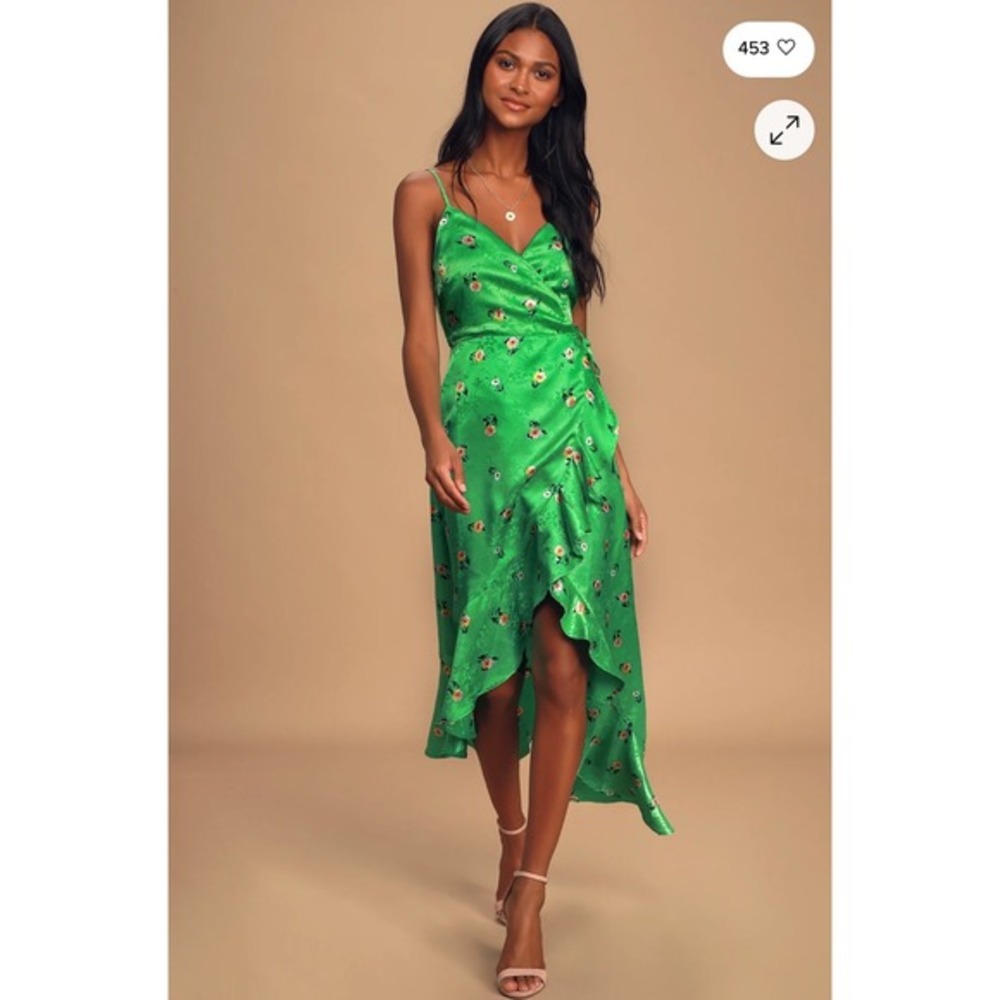 Lulus‎ Chic Style Green Floral Jacquard Satin High-Low Midi Wrap Dress